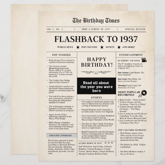 Born in 1937 Mock Newspaper sepia (正面/裏面)