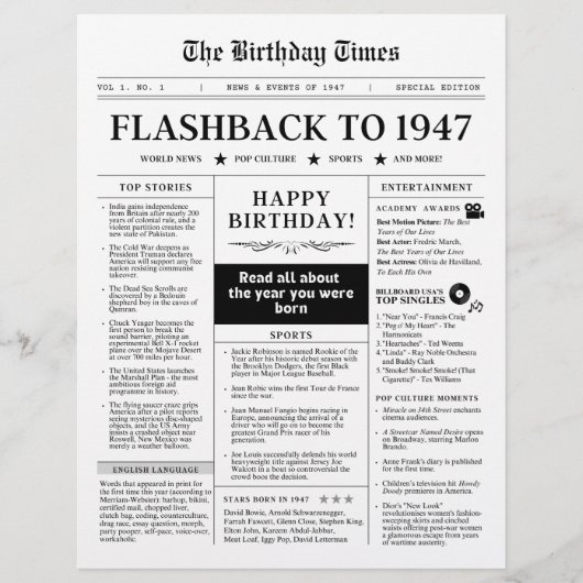 Born in 1947 Mock Newspaper Black and White (正面)