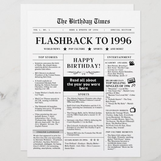 Born in 1996 Fun Black and White Newspaper (正面/裏面)