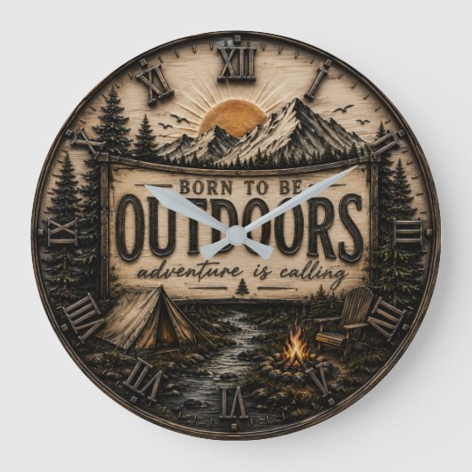 Born to Be Outdoors Rustic  Camping Mountain  ラージ壁時計 (正面)