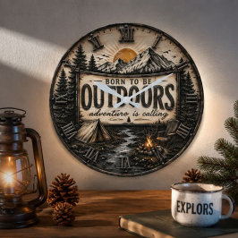 Born to Be Outdoors Rustic Camping Mountain ラージ壁時計