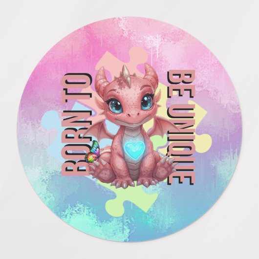 Born to Be Unique Cute Pink Dragon– Inspirational  ラベル (デザイン2)