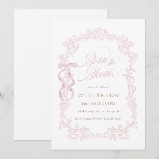 Born to Bloom Pink Floral 1st Birthday 招待状 (正面/裏面)