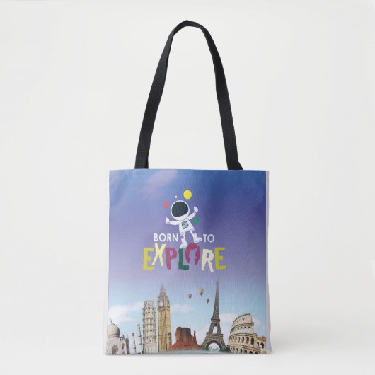 Born to Explore | かわいい宇宙飛行士の冒険デニム トートバッグ (正面)