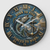 Born to Fish Forced to Work Nautical Angler ラージ壁時計 (正面)