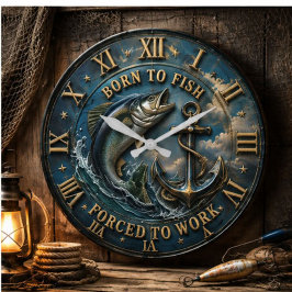 Born to Fish Forced to Work Nautical Angler ラージ壁時計