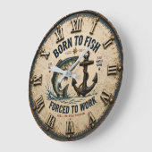 Born to Fish Forced to Work Rustic Fisherman Gift ラージ壁時計 (傾斜)