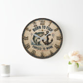 Born to Fish Forced to Work Rustic Fisherman Gift ラージ壁時計 (ホーム)