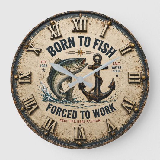 Born to Fish Forced to Work Rustic Fisherman Gift ラージ壁時計 (正面)