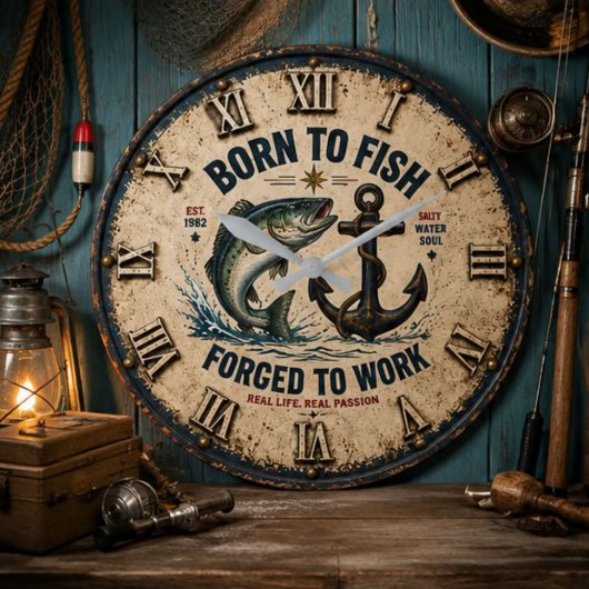 Born to Fish Forced to Work Rustic Fisherman Gift ラージ壁時計