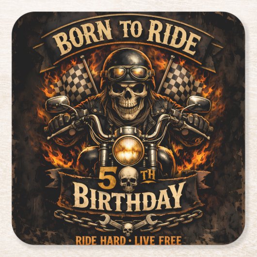 Born to Ride 50th Birthday Biker Skull Card スクエアペーパーコースター (正面)