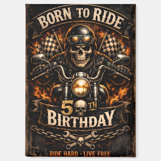 Born to Ride 50th Birthday Biker Skull Card マグネット (正面)
