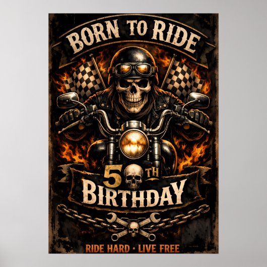 Born to Ride 50th Birthday Biker Skull Poster ポスター (正面)