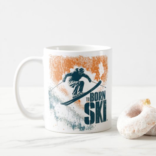 Born to Ski | ヴィンテージ スキー デザイン コーヒーマグカップ (ドーナツ)
