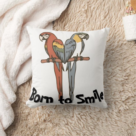 Born to Smile Parrot Throw Pillow クッション (ブランケット)