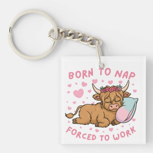 Born to Yap Forced to Work Funny Highland Cow Meme キーホルダー (正面)