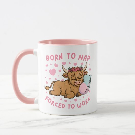 Born to Yap Forced to Work Funny Highland Cow Meme マグカップ (左)
