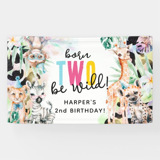 Born TWO be Wild! サファリ動物2歳の誕生日 横断幕 (横)