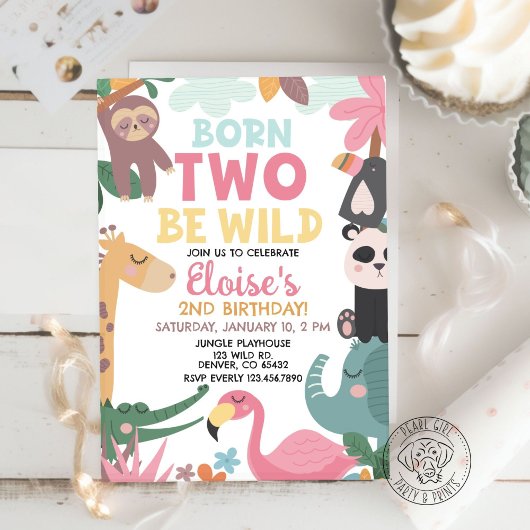 Born TWO Be Wild ピンクの誕生日 招待状