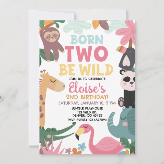 Born TWO Be Wild Pink Birthday 招待状 (正面)