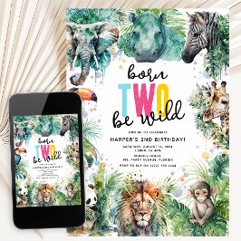 Born TWO Be Wild! Safari Animals Cool 2nd Birthday 招待状