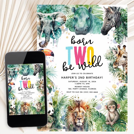 Born TWO Be Wild! Safari Animals Cool 2nd Birthday 招待状