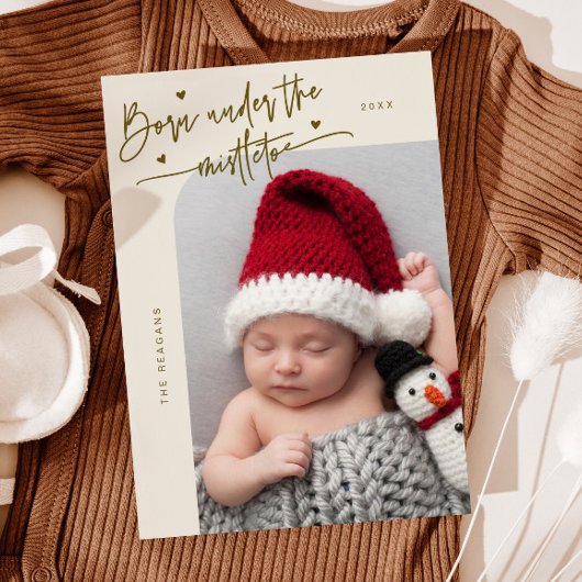 Born Under Mistletoe Cream Birth Announcement 案内状