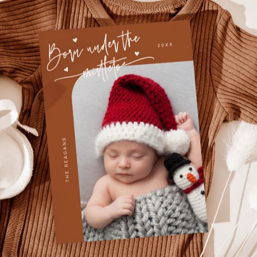 Born Under Mistletoe Terracotta Birth Announcement 案内状