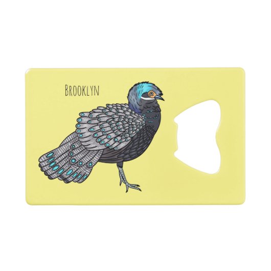 Bornean peacock-pheasant bird cartoon illustration クレジットカード栓抜き (正面(横))
