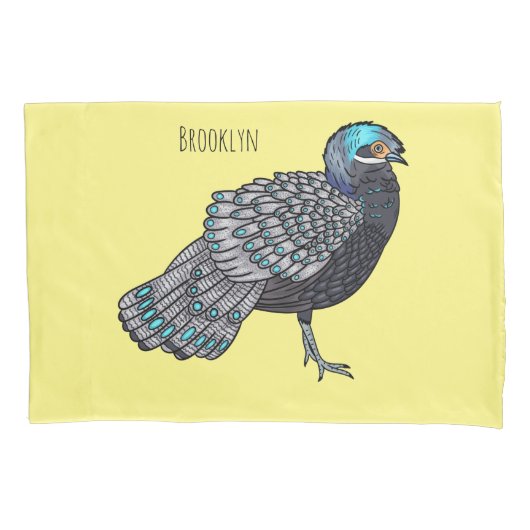 Bornean peacock-pheasant bird cartoon illustration 枕カバー (正面)