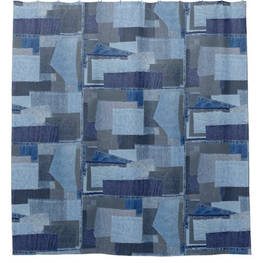 Boro Boro青いジーンのパッチワークのデニムShibori シャワーカーテン (正面)