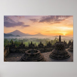 Borobudur Temple Java Indonesia Sunrise Wall Art ポスター