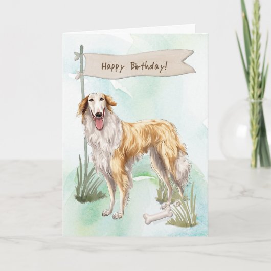 Borzoi Breed Dog Outside Under Birthday Sign カード (正面)