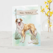Borzoi Breed Dog Outside Under Birthday Sign カード (黄色い花)