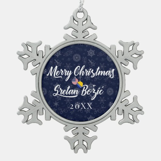 Bosnian American With Custom Year Bilingual スノーフレークピューターオーナメント (正面)