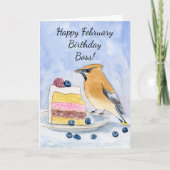 Boss Happy February Birthday Cedar Waxwing Cake カード (正面)