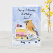 Boss Happy February Birthday Cedar Waxwing Cake カード (黄色い花)