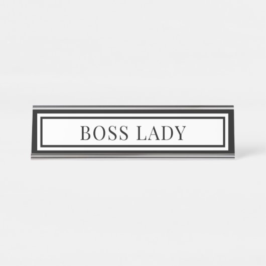 Boss Lady Modern Black & White Chic Double Boarder デスクネームプレート (正面)