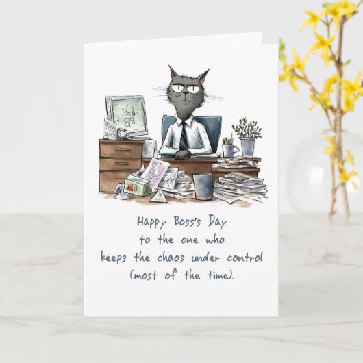 Boss’s Day from Group Funny Man Cat Desk and Paper カード (黄色い花)