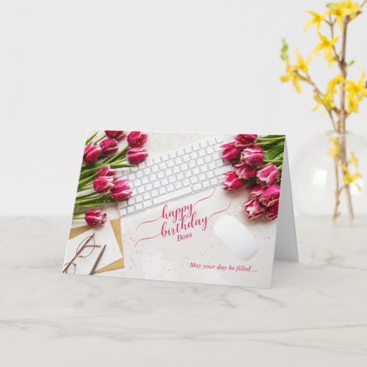 Boss's Birthday Pink Tulips and Desktop カード (黄色い花)