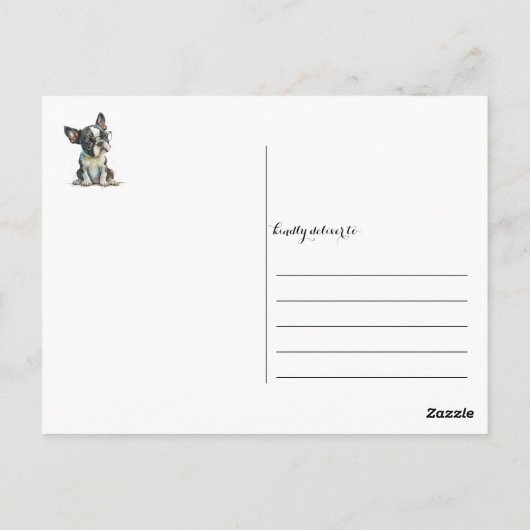 Bostonスタイルの無表情な顔でBoston子犬メガネと花 ポストカード (裏面)