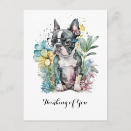 Bostonスタイルの無表情な顔でBoston子犬メガネフラワー ポストカード