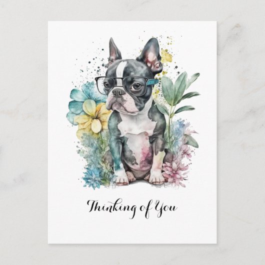 Bostonスタイルの無表情な顔でBoston子犬メガネフラワー ポストカード (正面)