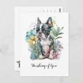 Bostonスタイルの無関心顔のBoston子犬メガネと花 ポストカード (正面/裏面)