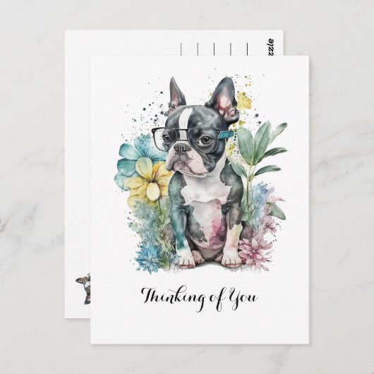 Bostonスタイルの無関心顔のBoston子犬メガネと花 ポストカード (正面/裏面)