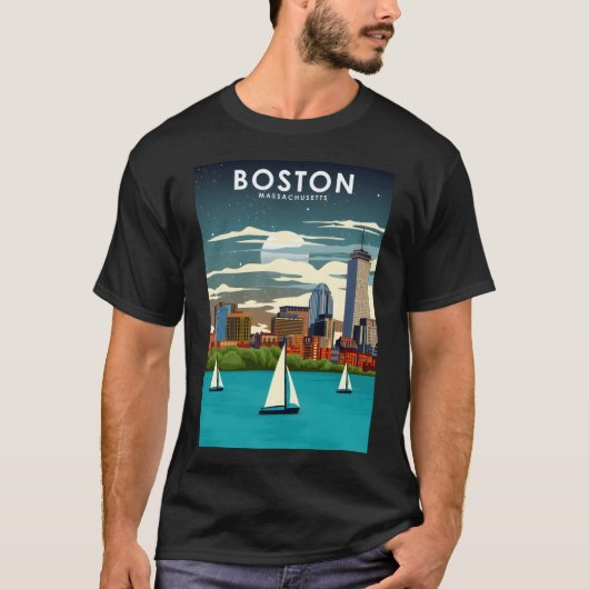Boston at Night City Skyline旅行ポスター Tシャツ (正面)