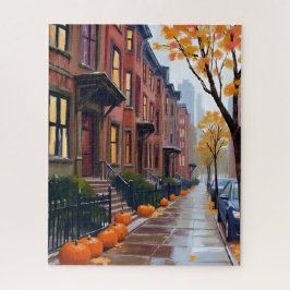 Boston Autumn Brownstones Pumpkin Watercolor ジグソーパズル