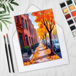 Boston Autumn Fall Foliage Watercolor Card