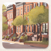 Boston Brownstones | Beacon Street Watercolor スクエアペーパーコースター (正面)