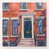Boston Brownstones Massachusetts Watercolor ガラスコースター (正面)